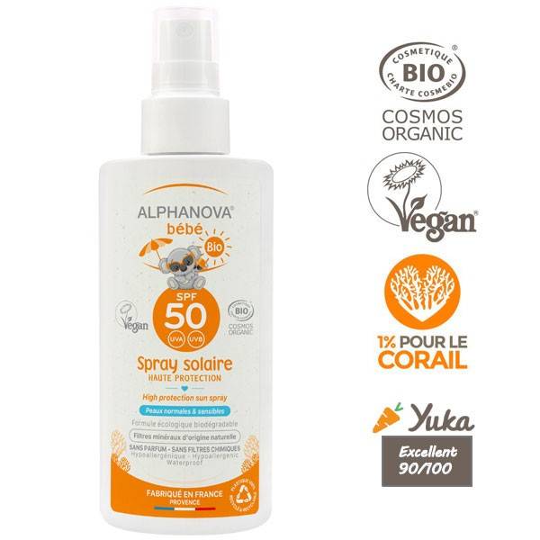 Organic hypoallergenic baby sunscreen spray - SPF 50 high protection - 125  gr - Alphanova at 19,90 €