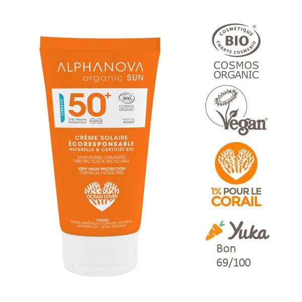 Crème solaire bio adulte visage au Monoï – SPF 50+ très haute protection -  50 gr à 13,90 € - Alphanova