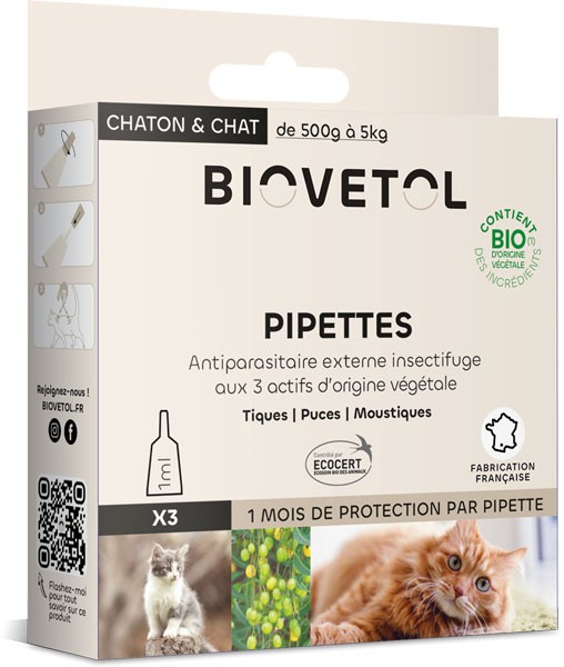 3 pipettes insectifuge Bio pour chat et chaton - Biovétol