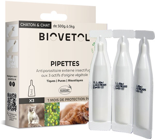 3 pipettes insectifuge Bio pour chat et chaton - Biovétol - Vue 1