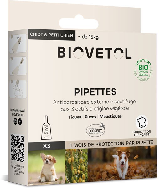 3 pipettes insectifuge Bio pour chiot et petit chien - Biovétol