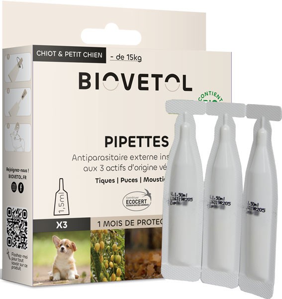 3 pipettes insectifuge Bio pour chiot et petit chien - Biovétol - Vue 1