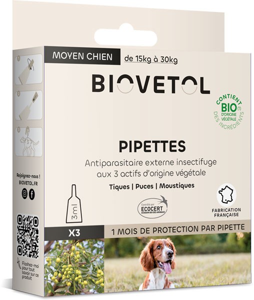 3 pipettes insectifuge Bio pour moyen chien - Biovétol