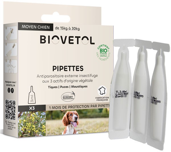 3 pipettes insectifuge Bio pour moyen chien - Biovétol - Vue 1