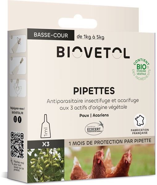 3 pipettes insectifuge Bio pour animaux à plumes de basse cour - Biovétol