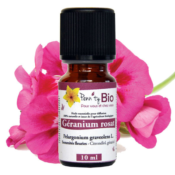 Géranium rosat d'Egypte Bio - Sommités fleuries - Huile essentielle Penntybio - Flacon de 10 ml