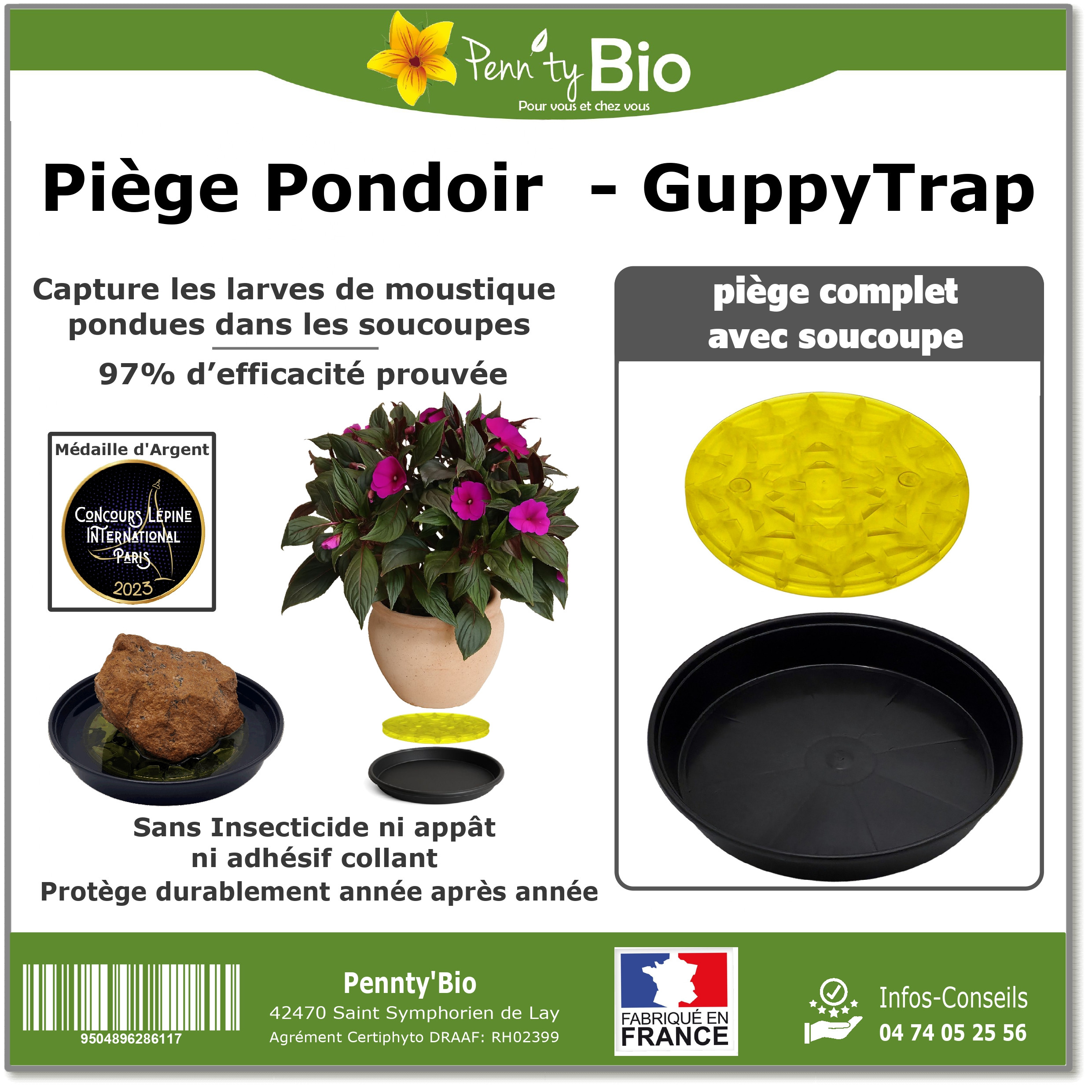 Guppytrap - Piège à larves de moustiques écologique pour plante en pot