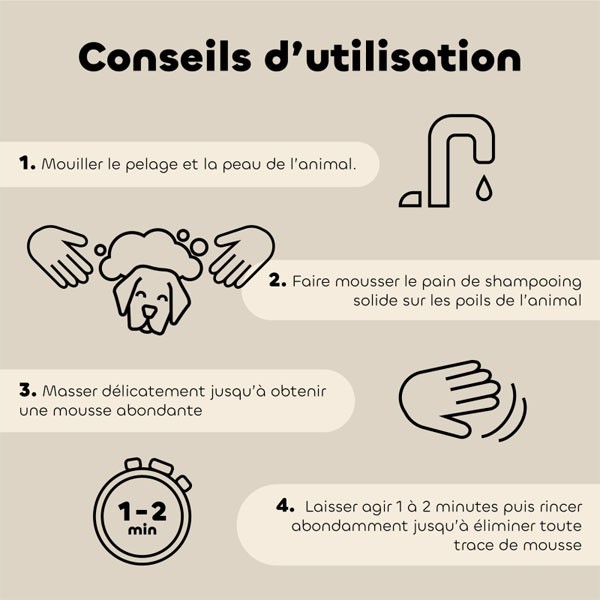 Conseils d'utilisation pour le shampooing solide anti gratte bio pour chien et chat Biovétol