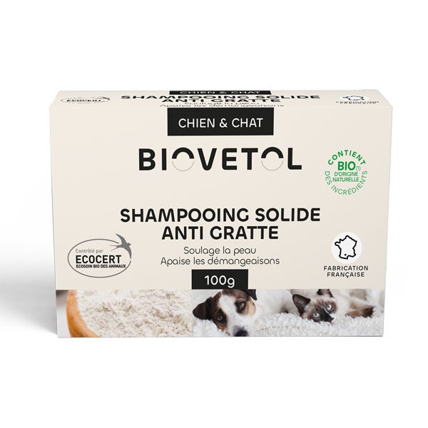 Shampooing solide anti gratte bio pour chien et chat - 100 grs - Biovétol