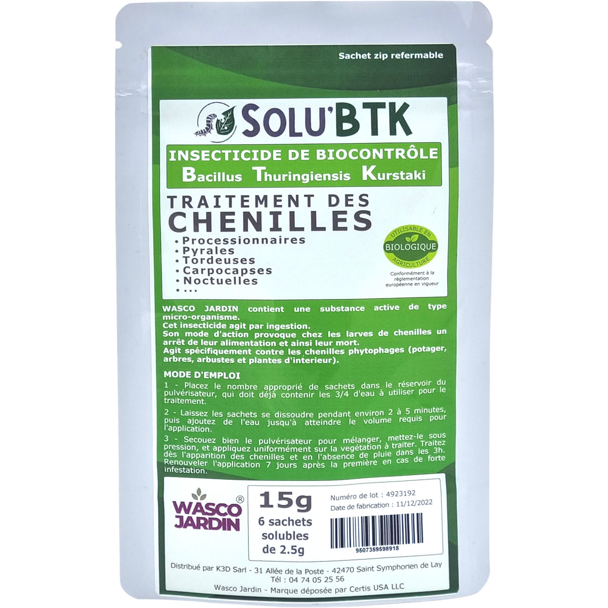 Insecticide BTK de biocontrôle contre les chenilles phytophages, SOLU'BTK - 15g