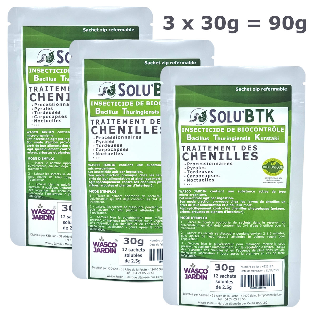 Insecticide BTK de biocontrôle contre les chenilles phytophages, SOLU'BTK - 90g