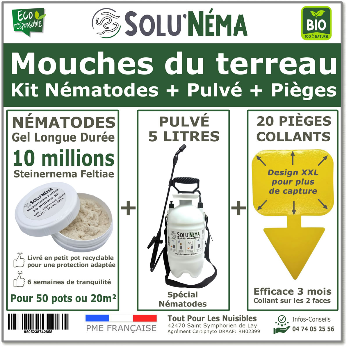 Nématodes (SF) 10 millions pour 20m²- Livré avec Pulvérisateur 5L et 20 pièges collants jaunes XXL.