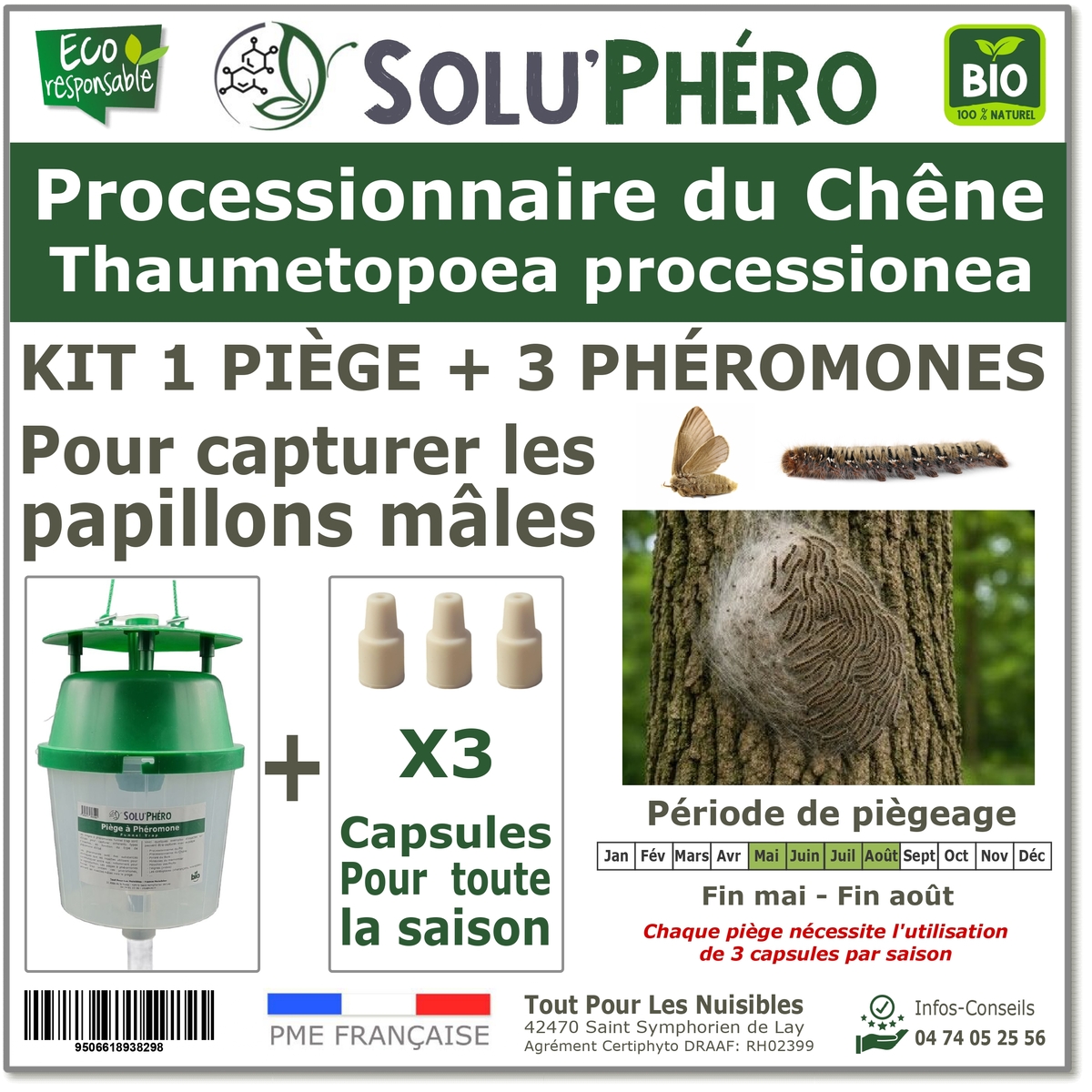 Soluphero kit piège plus 3 phéromones contre la processionnaire chêne