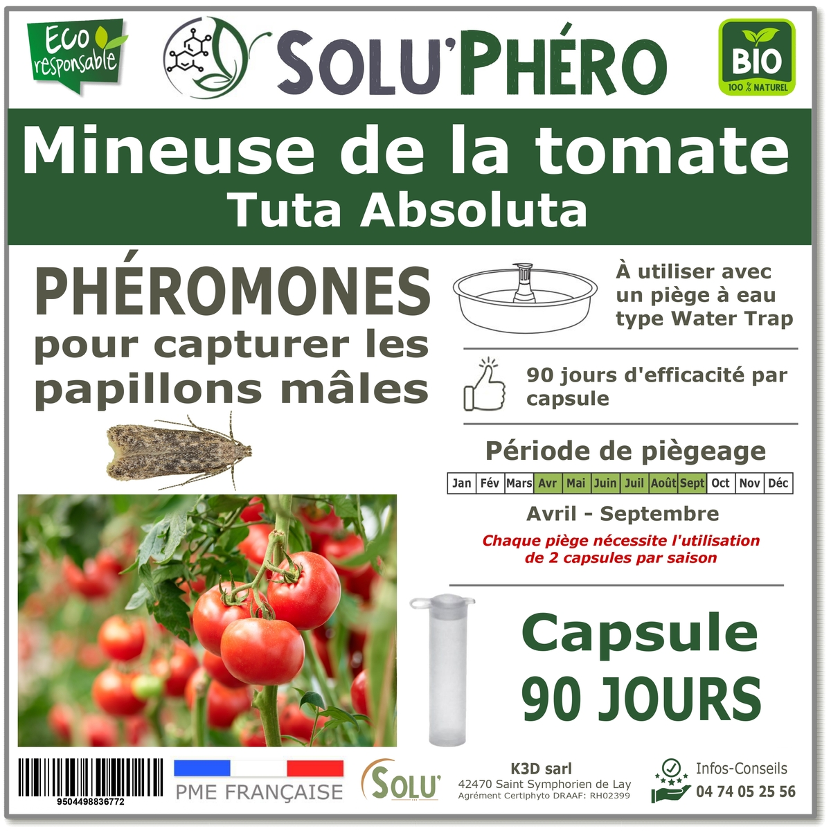 Phéromone contre Mineuse de la tomate 90 jours, Tuta absoluta