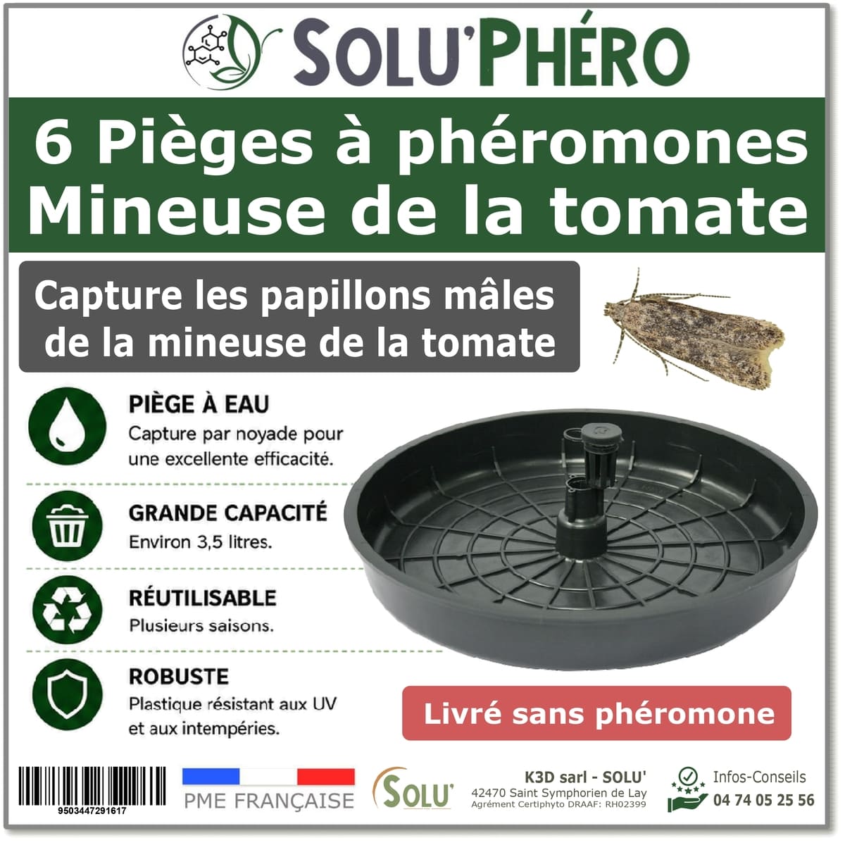 6 Pièges à phéromones Water Trap pour la mineuse de la tomate