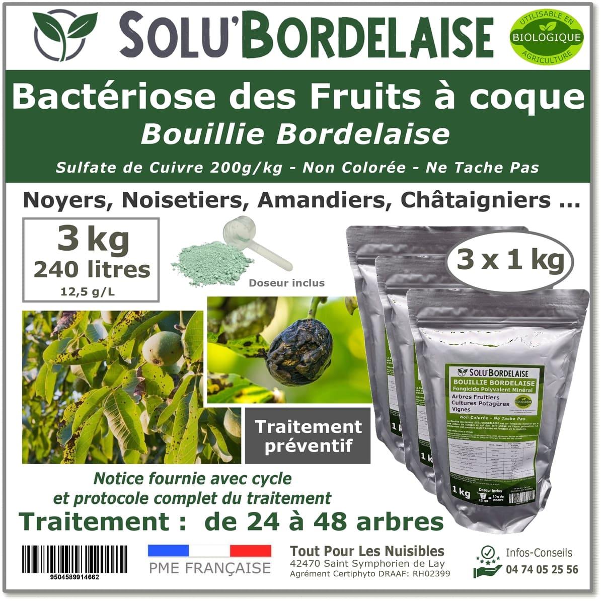 Bouillie Bordelaise Non Colorée spécial bactériose des fruits à coque, SOLU'BORDELAISE- 3 Sachets de 1kg