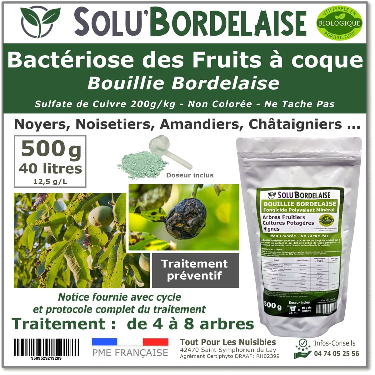 Bouillie Bordelaise Non Colorée spécial bactériose des fruits à coque, SOLU'BORDELAISE- Sachet de 500g