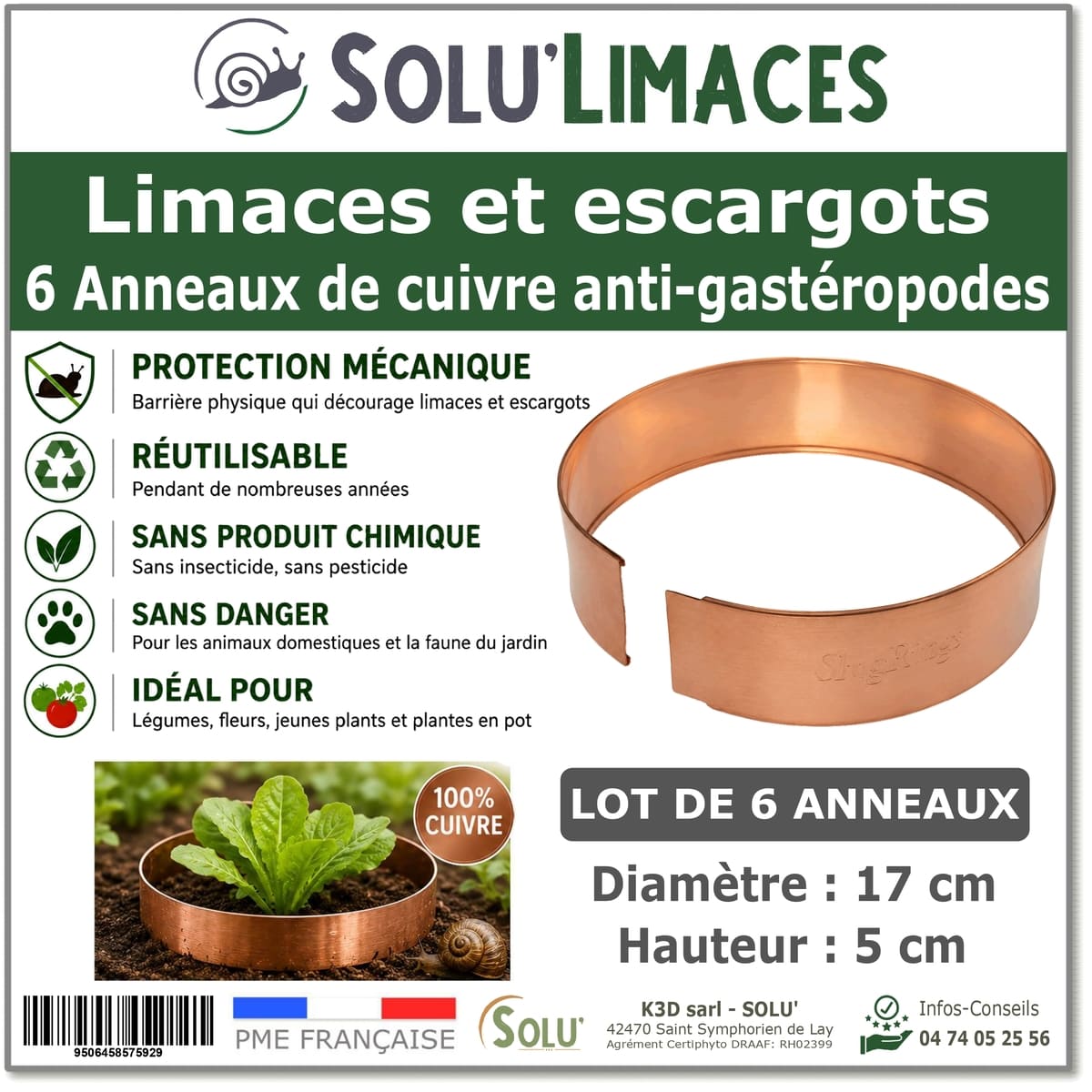 Anneau de Cuivre Anti-Limaces et Escargots SOLU'LIMACES - Lot de 6