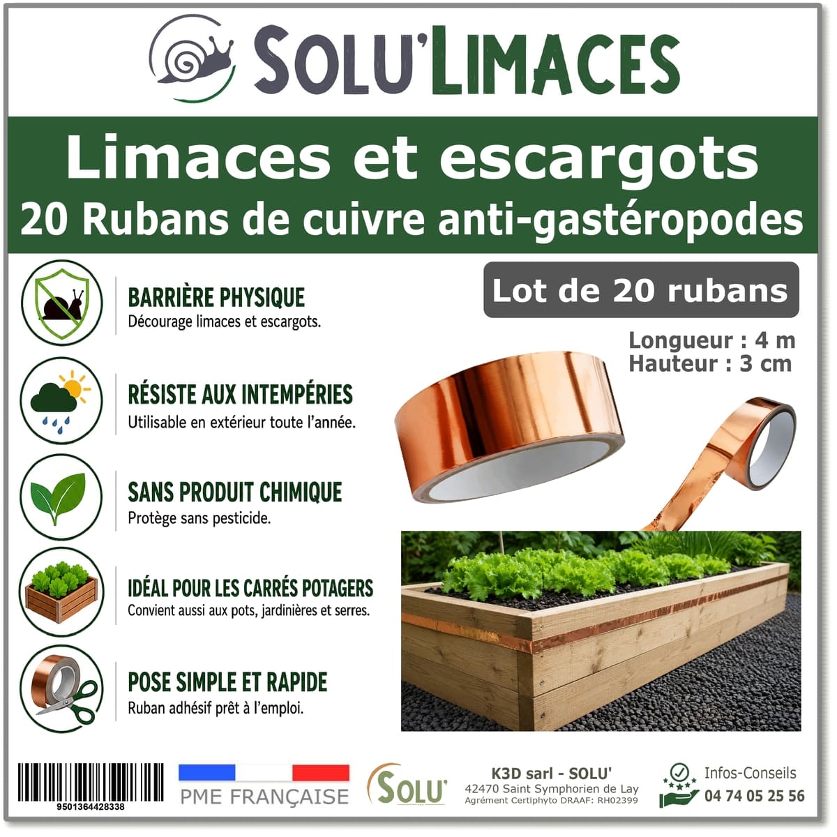 Ruban de Cuivre Anti-Limaces et Escargots SOLU'LIMACES - Lot de 20