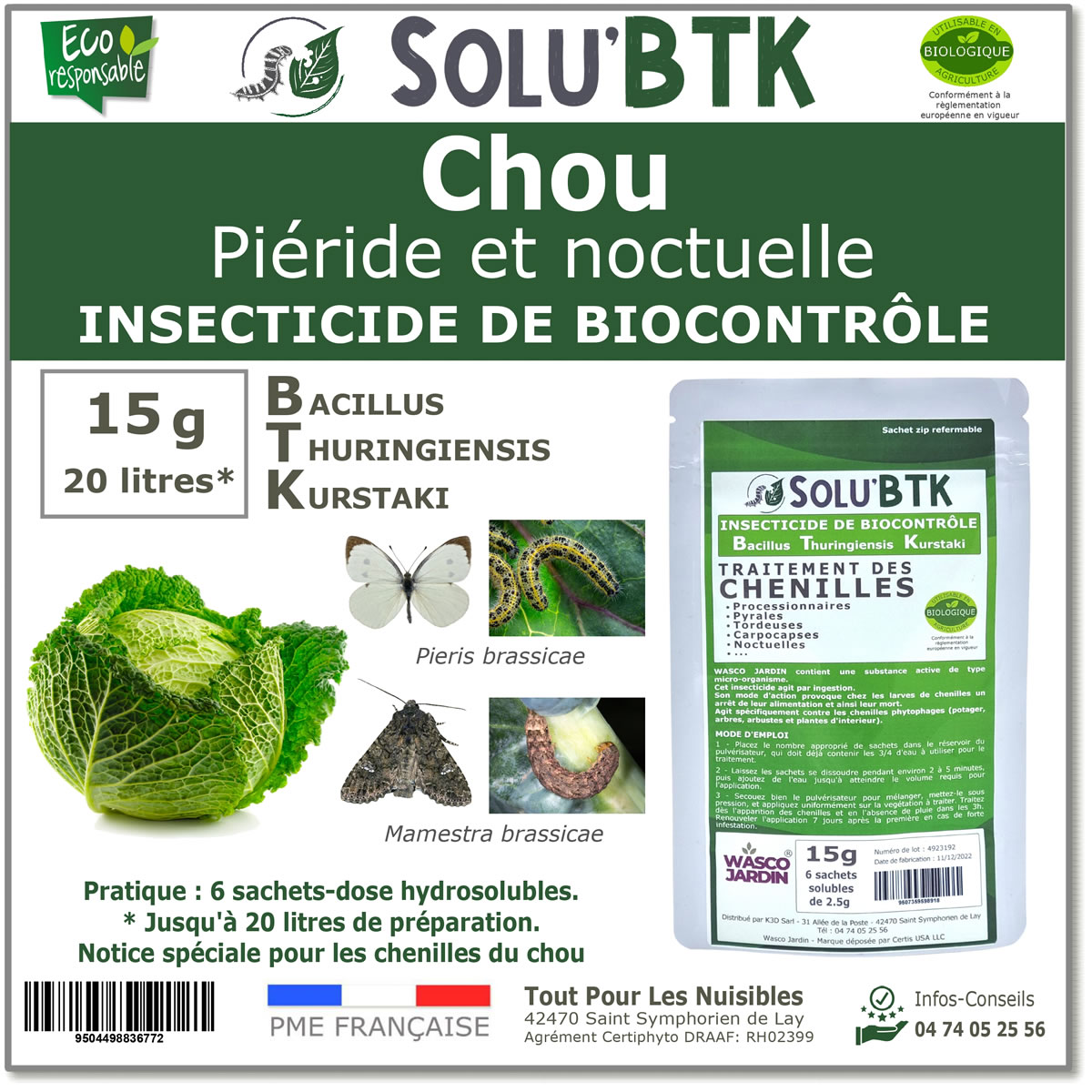 Insecticide BTK de biocontrôle contre la piéride et noctuelle du chou, SOLU'BTK - 15g