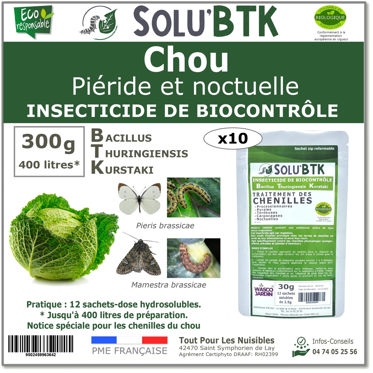 Insecticide BTK de biocontrôle contre la piéride et noctuelle du chou, SOLU'BTK - 300g