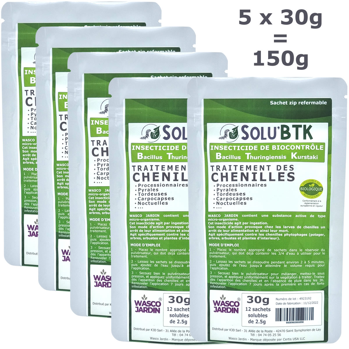 Insecticide BTK de biocontrôle contre les chenilles phytophages, SOLU'BTK - 150g