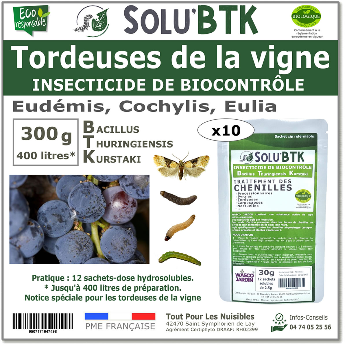 Insecticide BTK de biocontrôle contre les tordeuses de la vignes (Eudémis, Cochylis, Eulia), SOLU'BTK - 300g