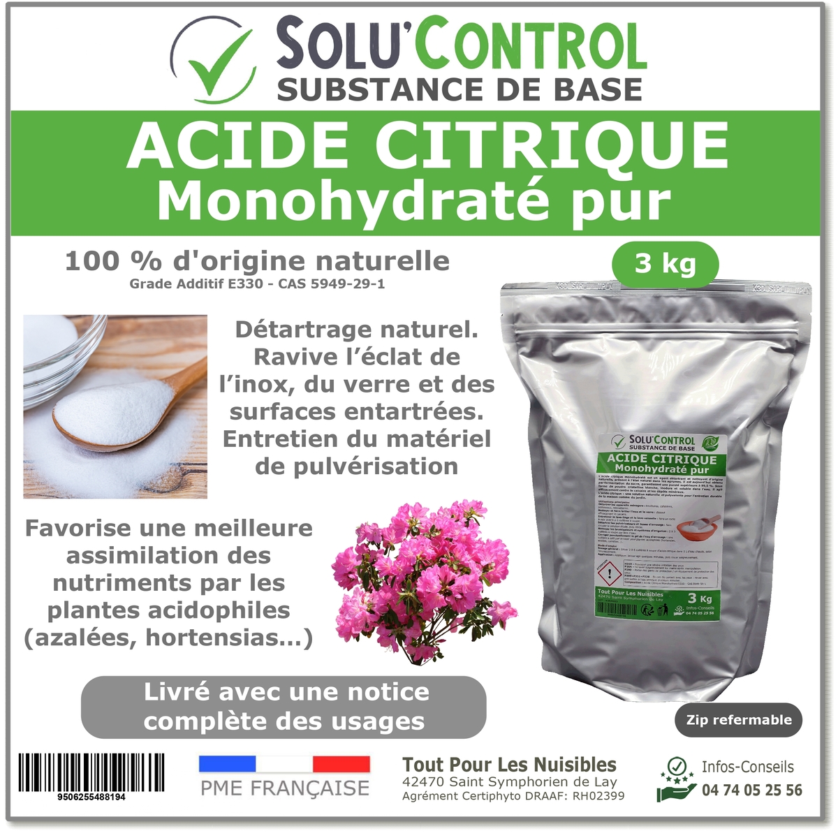Acide citrique monohydraté pur -  Sachet de 3kg