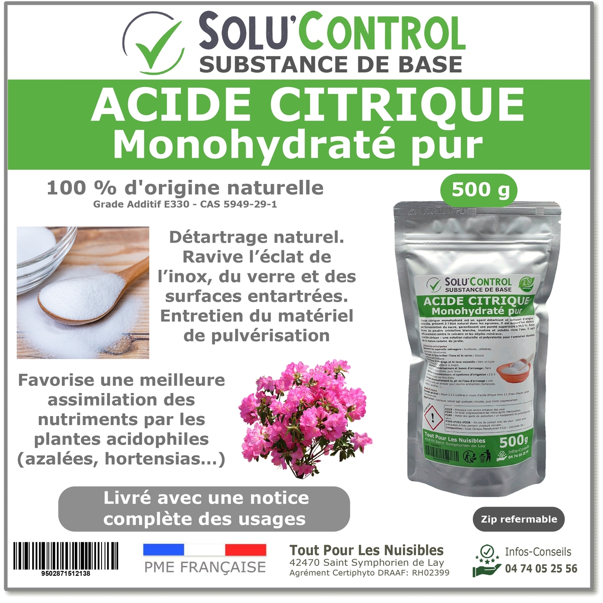 Acide citrique monohydraté pur -  Sachet de 500 g