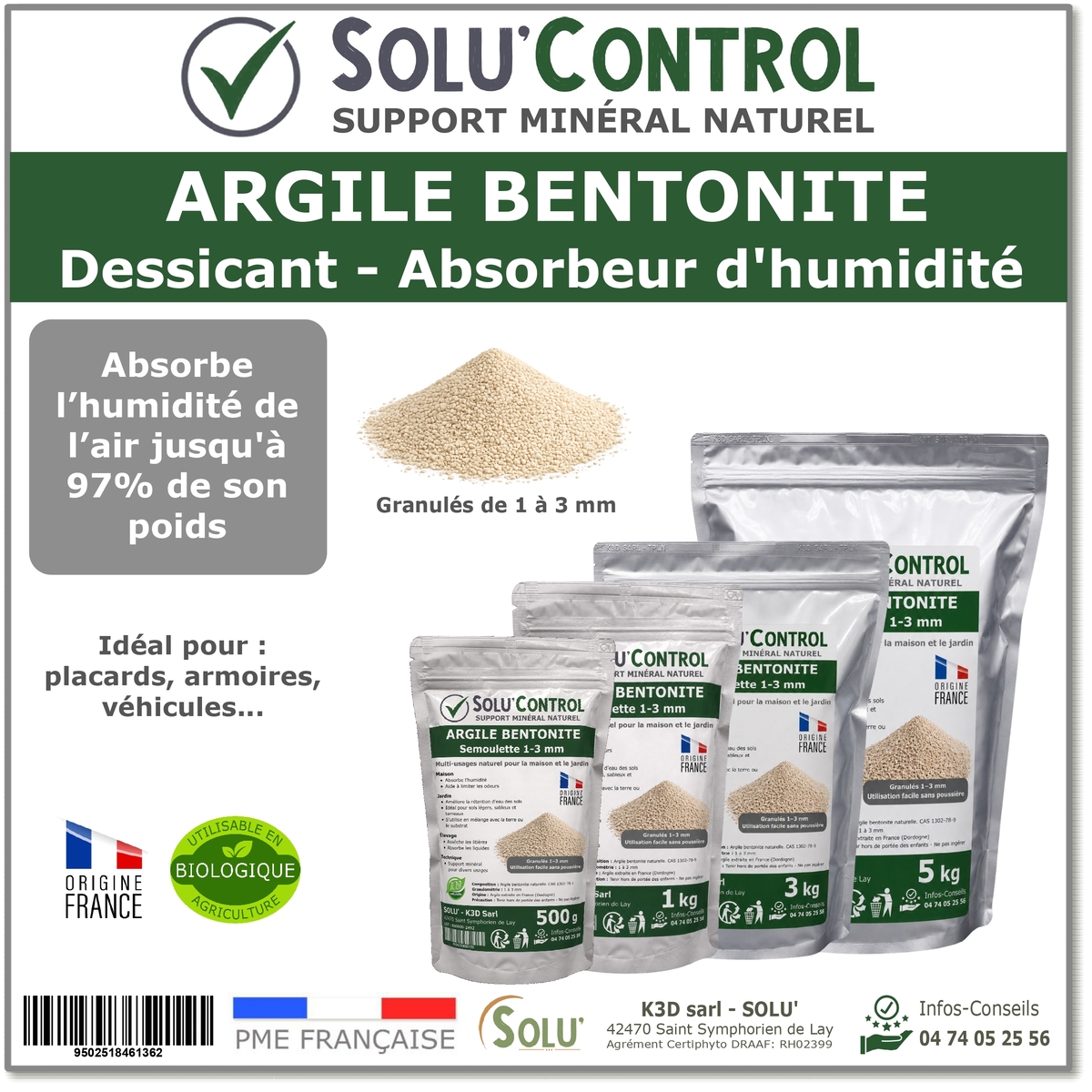 Argile Bentonite Naturelle – Dessiccant / Absorbeur d’Humidité  – Solu'Control