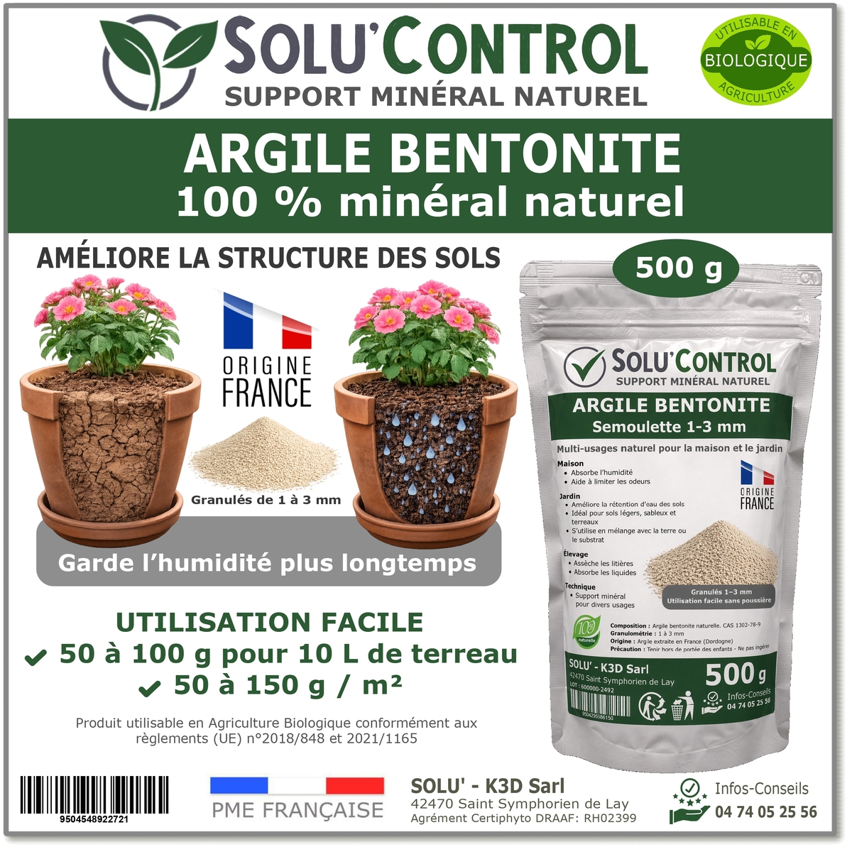 Argile Bentonite Naturelle – Support minéral – Solu'Control -  500g