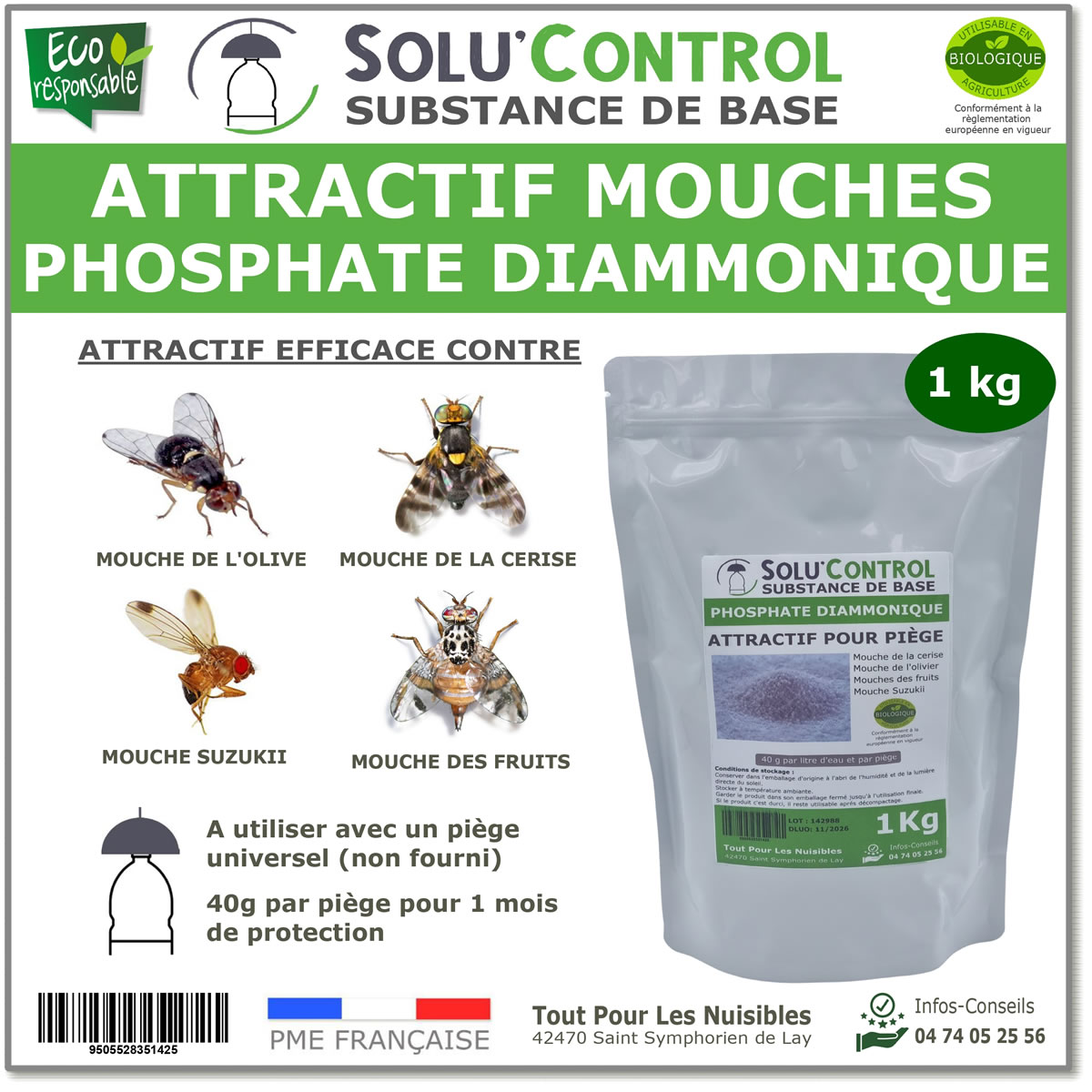 Phosphate Diammonique, appât naturel contre les mouches des fruits, SOLU'CONTROL - Sachet de 1Kg