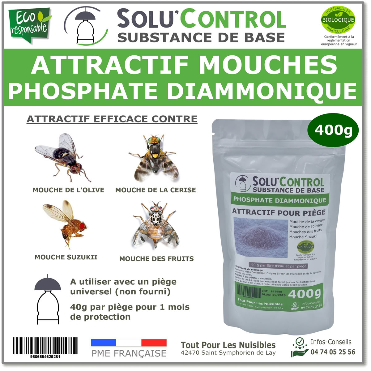 Phosphate Diammonique, appât naturel contre les mouches des fruits, SOLU'CONTROL - Sachet de 400g