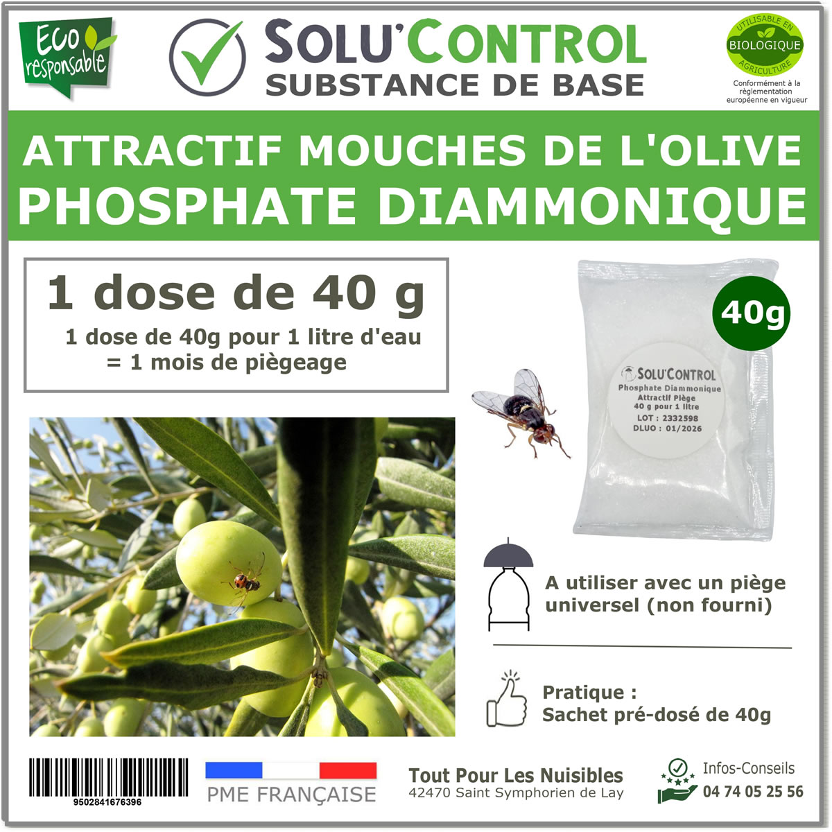 Phosphate Diammonique, appât naturel contre la mouche de l'olive, SOLU'CONTROL - 40g