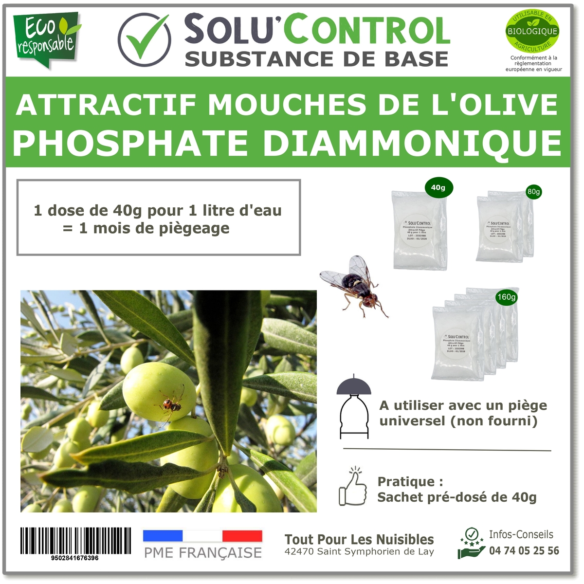 Phosphate Diammonique, appât naturel contre la mouche de la cerise, SOLU'CONTROL-Master