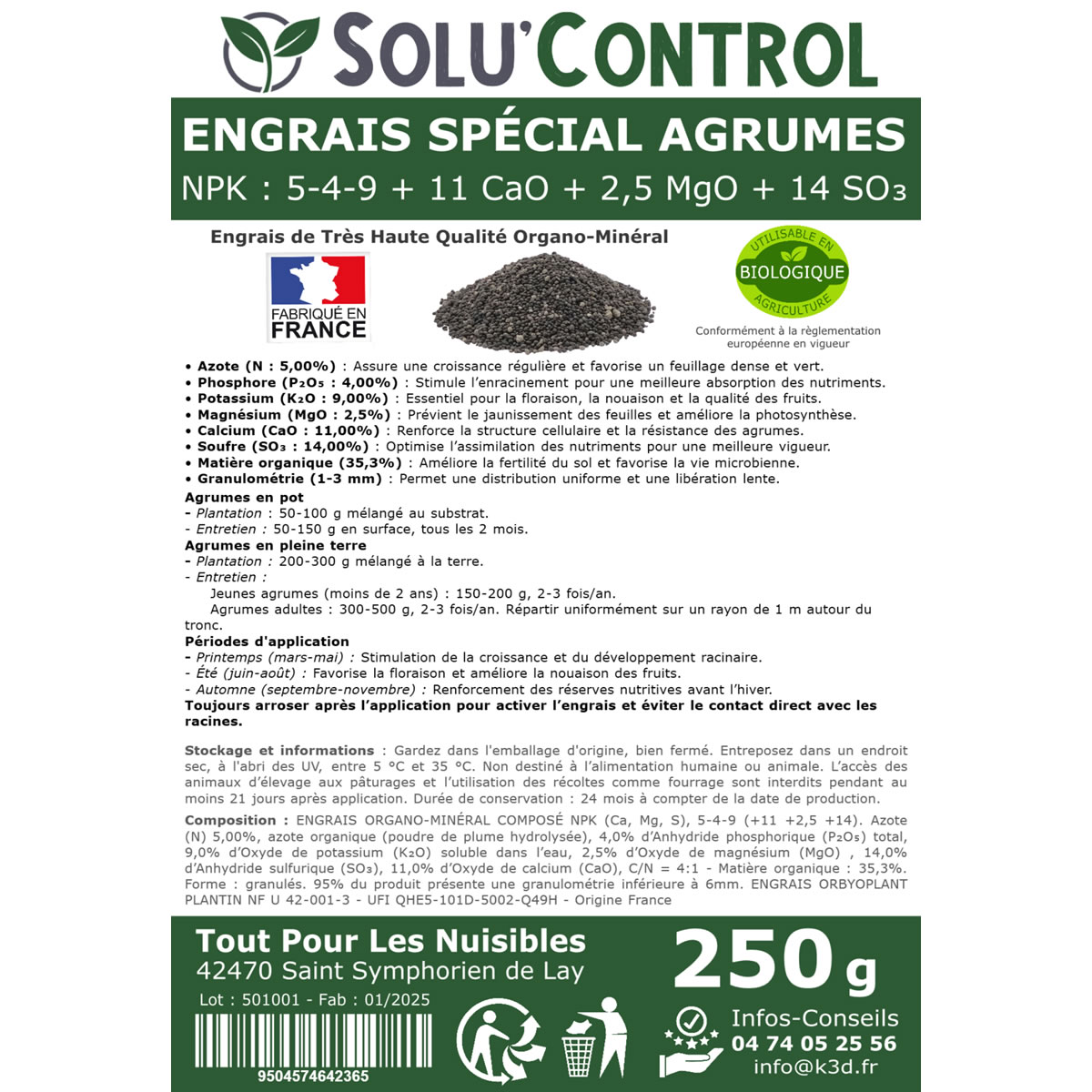 Information NPK Engrais Agrumes SOLU'CONTROL