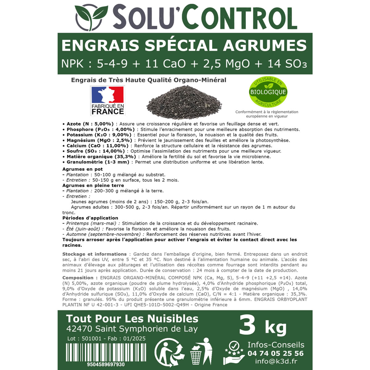 Information NPK Engrais Agrumes SOLU'CONTROL