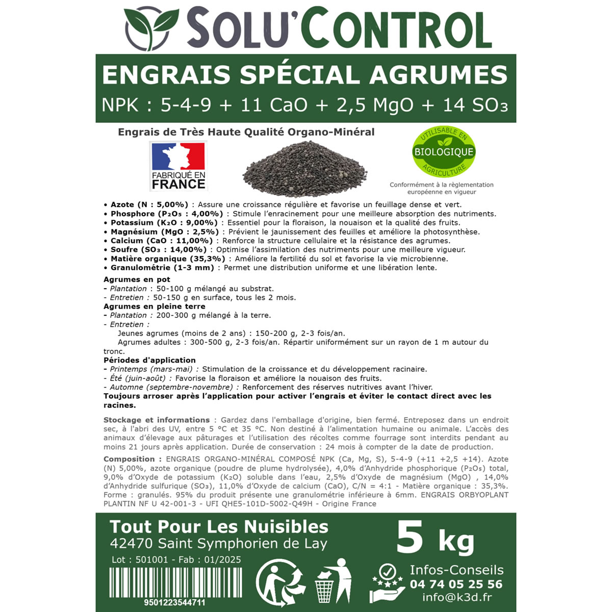 Information NPK Engrais Agrumes SOLU'CONTROL