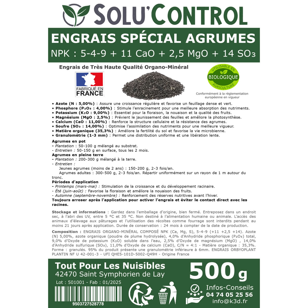 Information NPK Engrais Agrumes SOLU'CONTROL