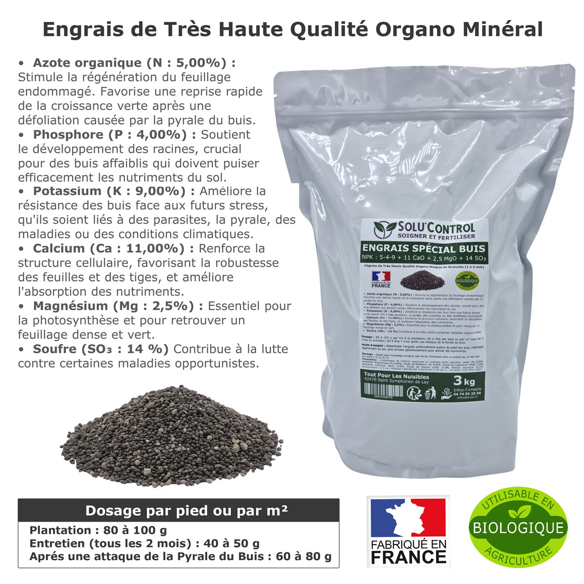 Information NPK 5-4-9 + 11 CaO + 2,5 MgO + 14 SO₃   Engrais Buis SOLU'CONTROL - 3kg