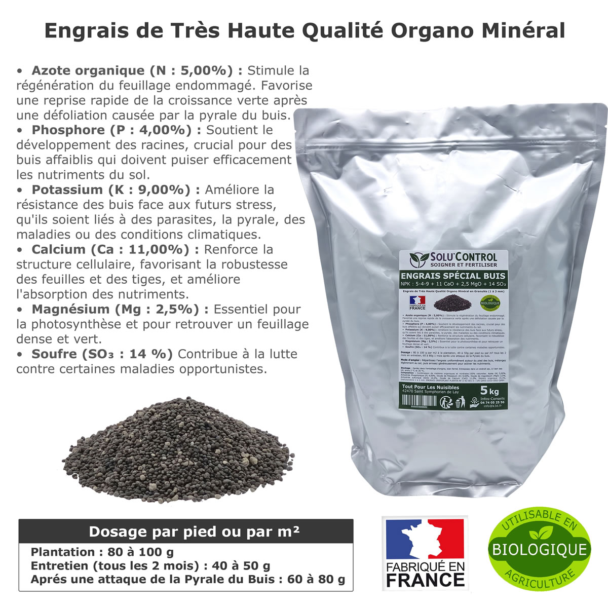 Information NPK 5-4-9 + 11 CaO + 2,5 MgO + 14 SO₃   Engrais Buis SOLU'CONTROL - 5kg