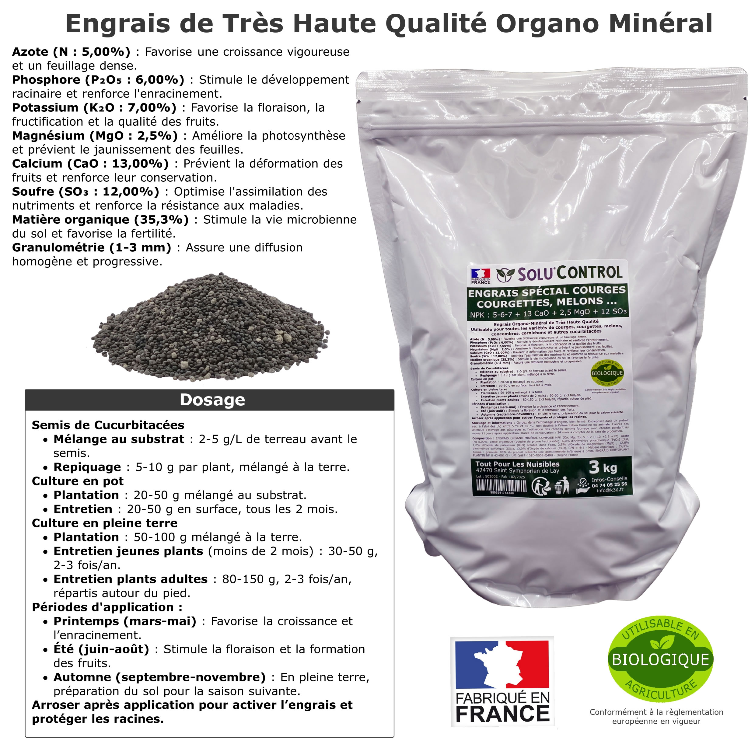 Sachet Engrais Spécial Courges, courgettes et autres cucurbitacées, SoluControl - Sachet de 3kg