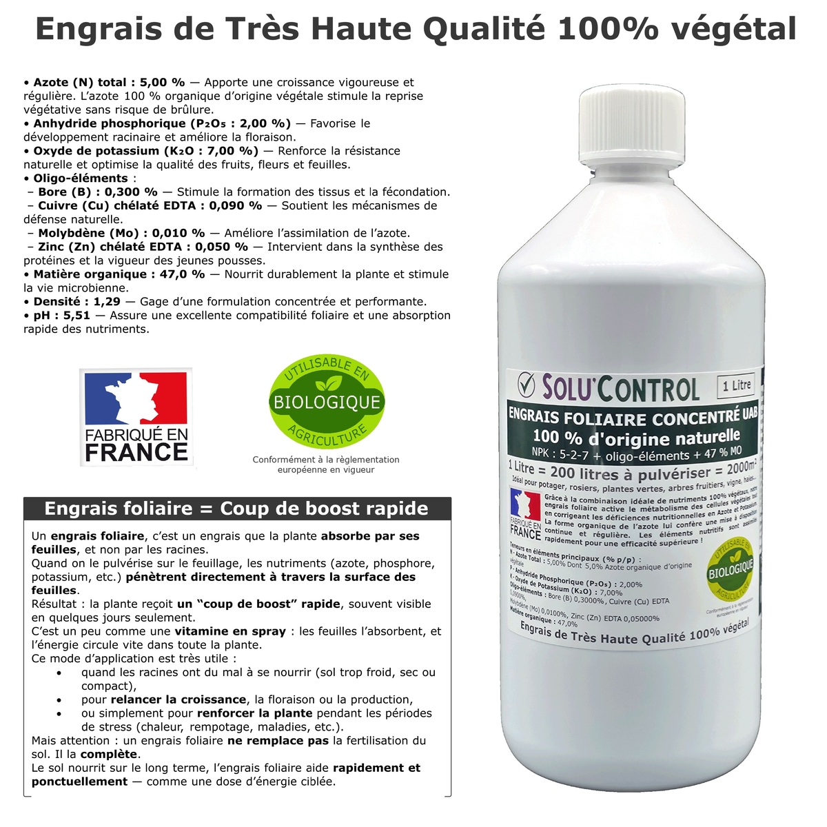 Descriptif - Engrais foliaire 100% naturel, Solu'Control - Flacon de 1L