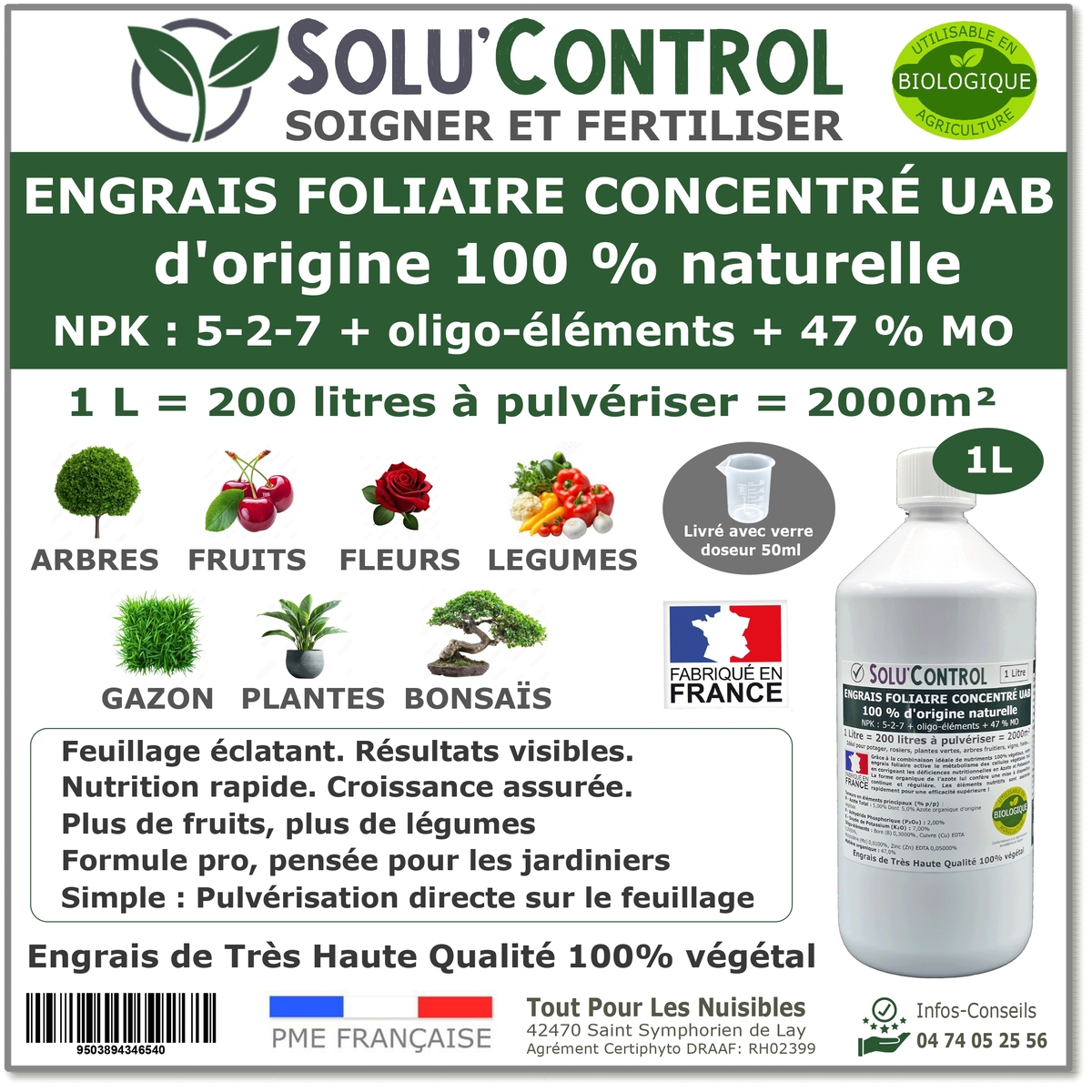 Engrais foliaire 100% naturel, Solu'Control - Flacon de 1L