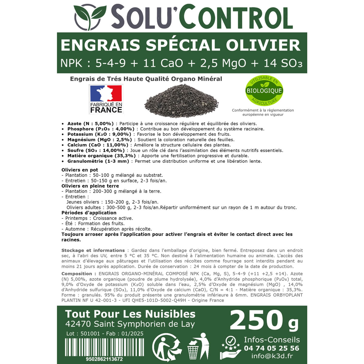 Etiquette engrais olivier 250g