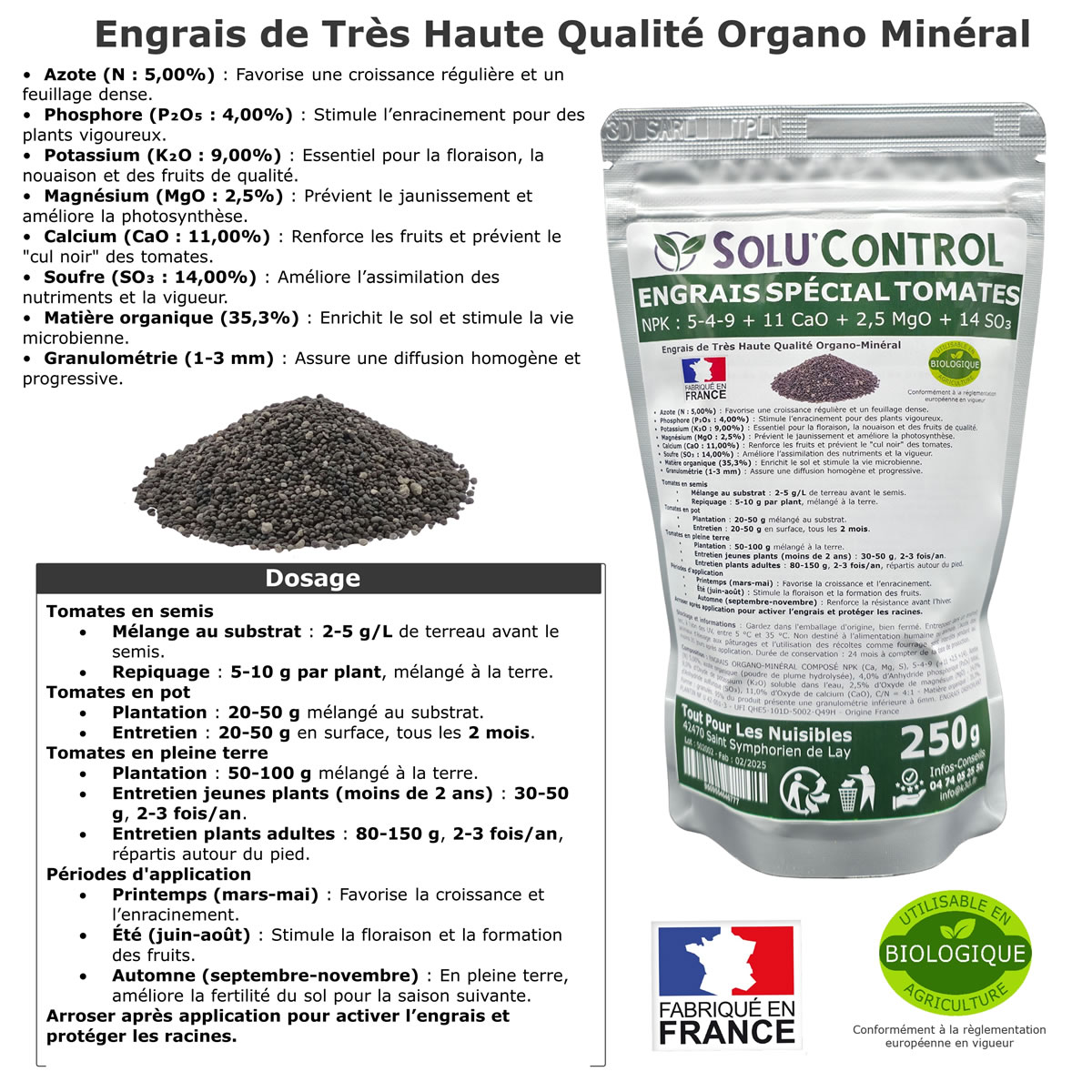 Information NPK 5-4-9 + 11 CaO + 2,5 MgO + 14 SO₃   Engrais Buis SOLU'CONTROL - 250g