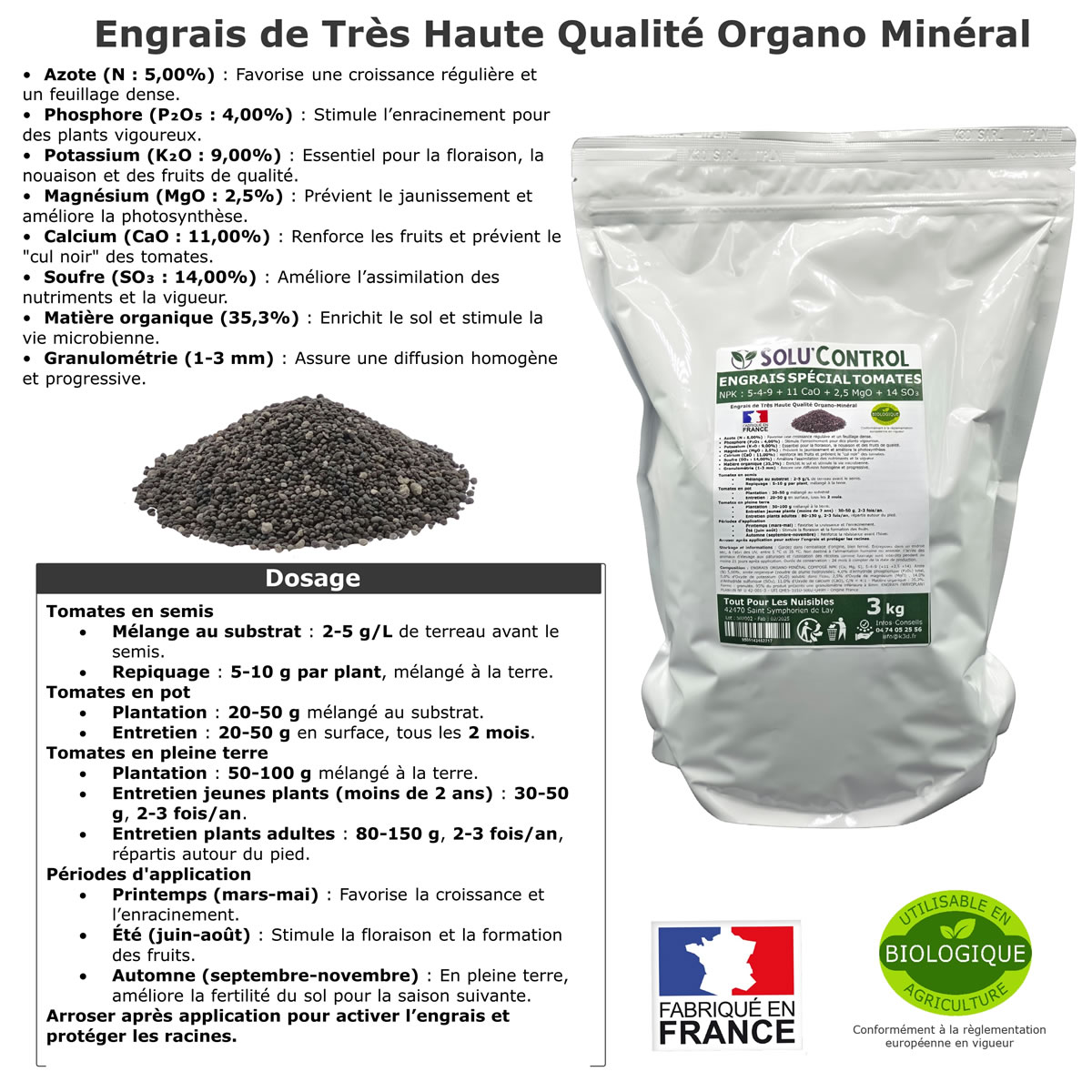 Information NPK 5-4-9 + 11 CaO + 2,5 MgO + 14 SO₃   Engrais Buis SOLU'CONTROL - 250g