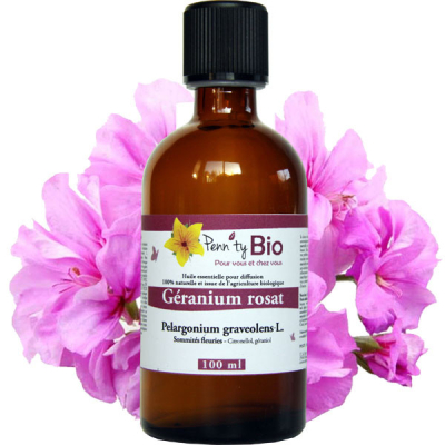 Géranium rosat d'Egypte Bio - Sommités fleuries - Huile essentielle Penntybio - Flacon de 100 ml