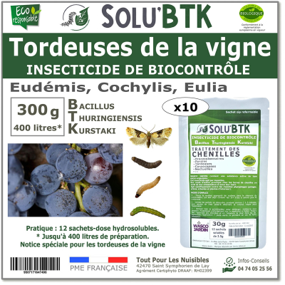 Insecticide BTK de biocontrôle contre les tordeuses de la vignes (Eudémis, Cochylis, Eulia), SOLU'BTK - 300g