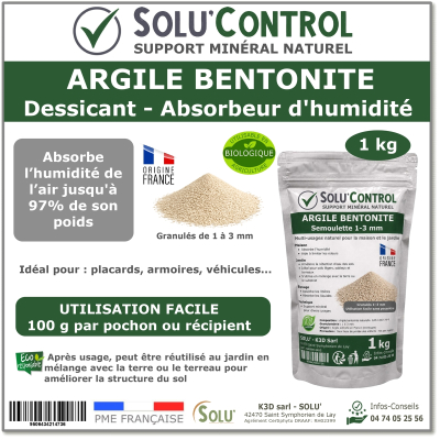 Argile Bentonite Naturelle – Dessiccant / Absorbeur d’Humidité – Solu'Control - 1kg